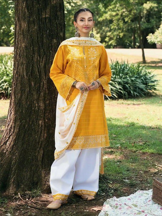 Hemstitch Lawn Embroidered Stitched 3-Piece Suit-Saffron Petal