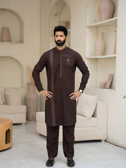 Fabrich Men Wash & Wear Embroidered Unstitched Shalwar Kameez-Brown