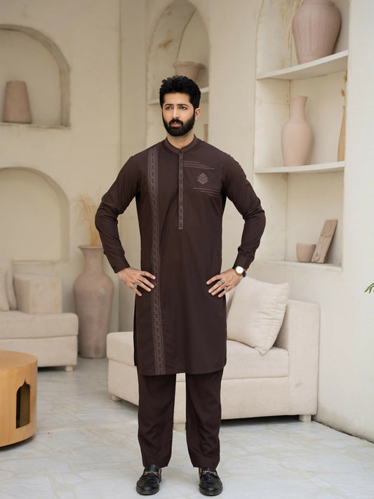 Fabrich Men Wash & Wear Embroidered Unstitched Shalwar Kameez-Brown