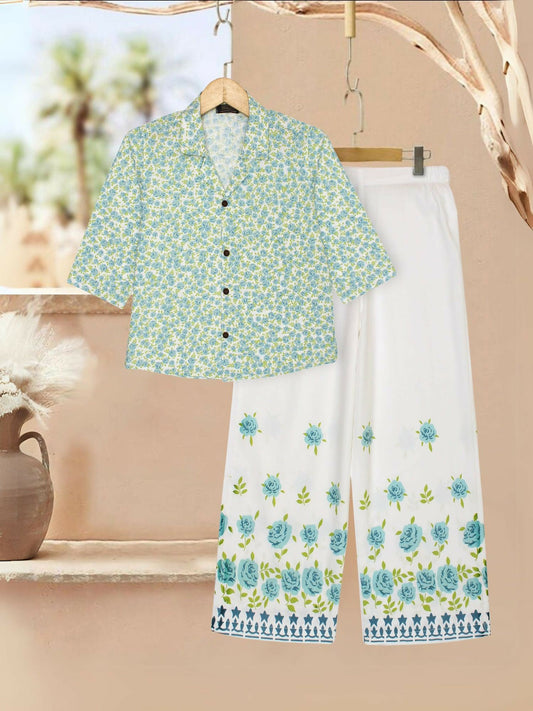 Blue and White Velvour Girls Printed Co-ord Set-VG161-B