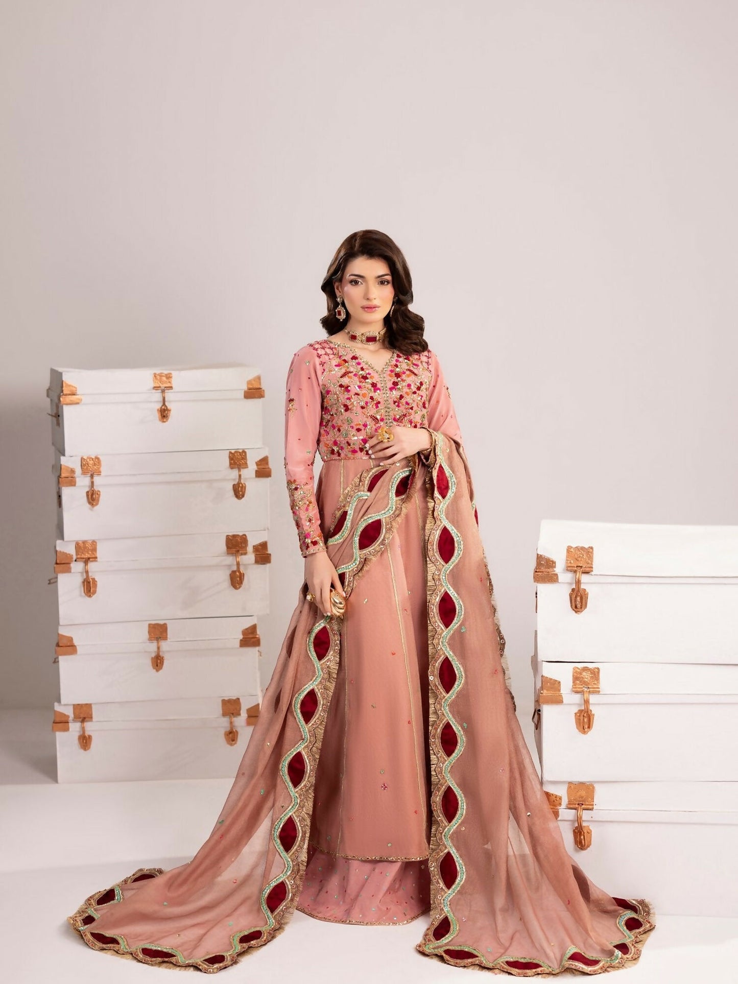 Shurooq Echoes In Bloom Silk Embellished Stitched 3-Piece Suit-Petal Veil