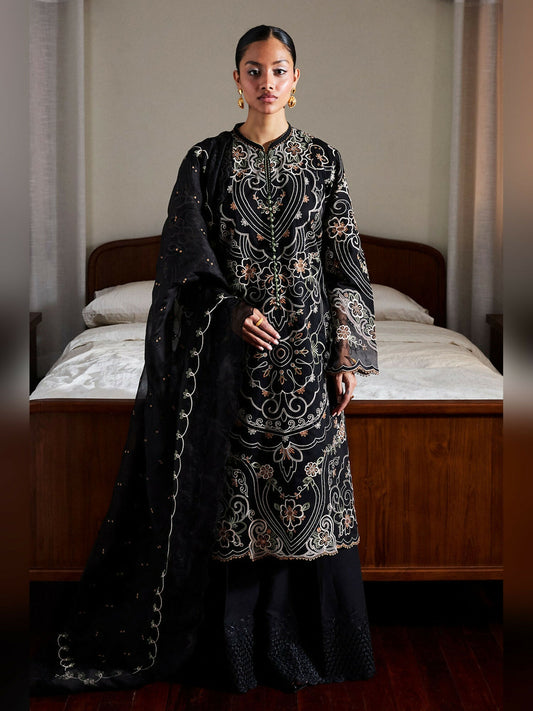 Black Zara Shahjahan Luxury Lawn Embroidered Unstitched 3-Piece Suit-Shizumi-4A