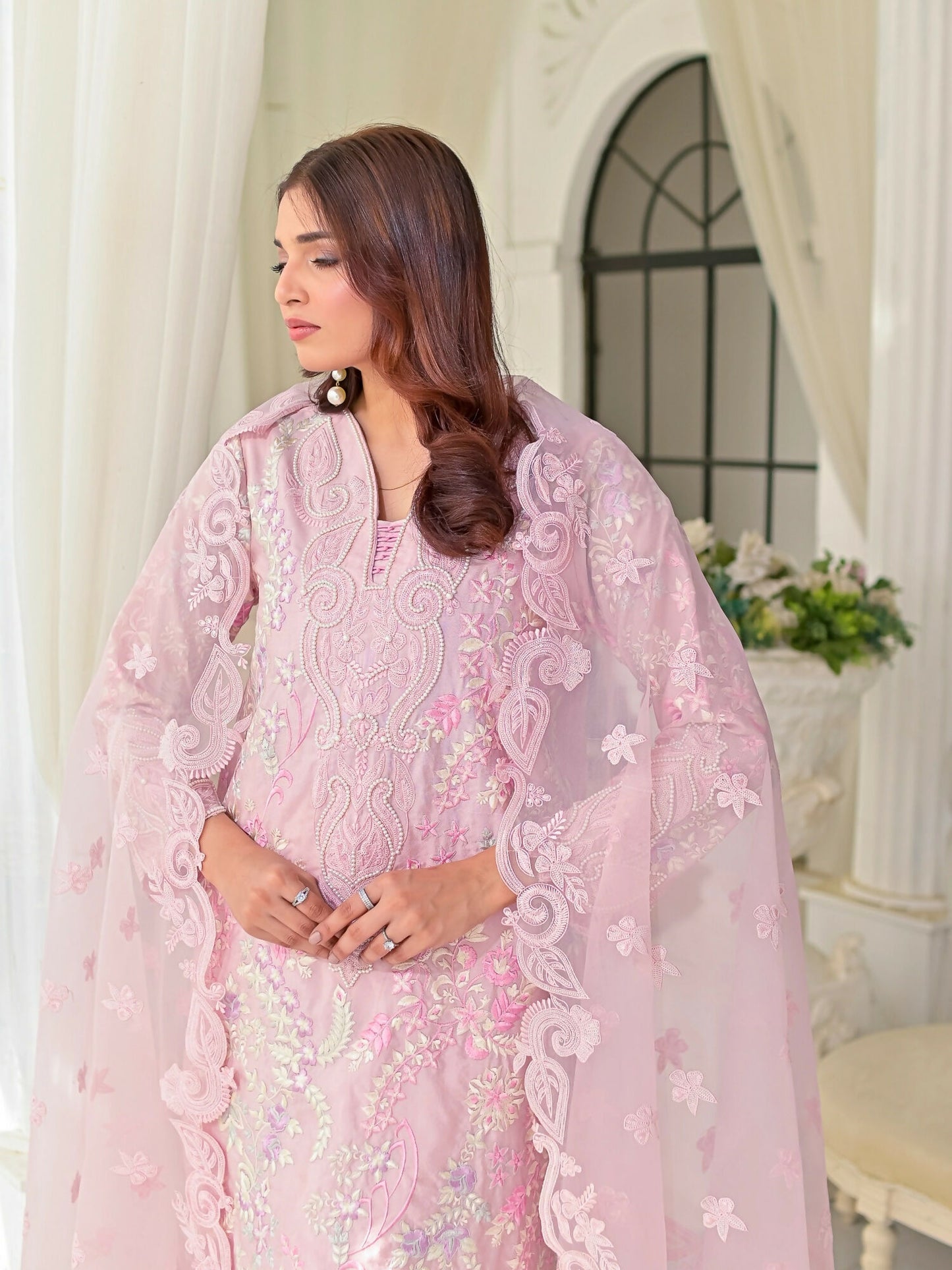 Farooq Hameed Studio Silk Embroidered Stitched 3-Piece Suit-Aura