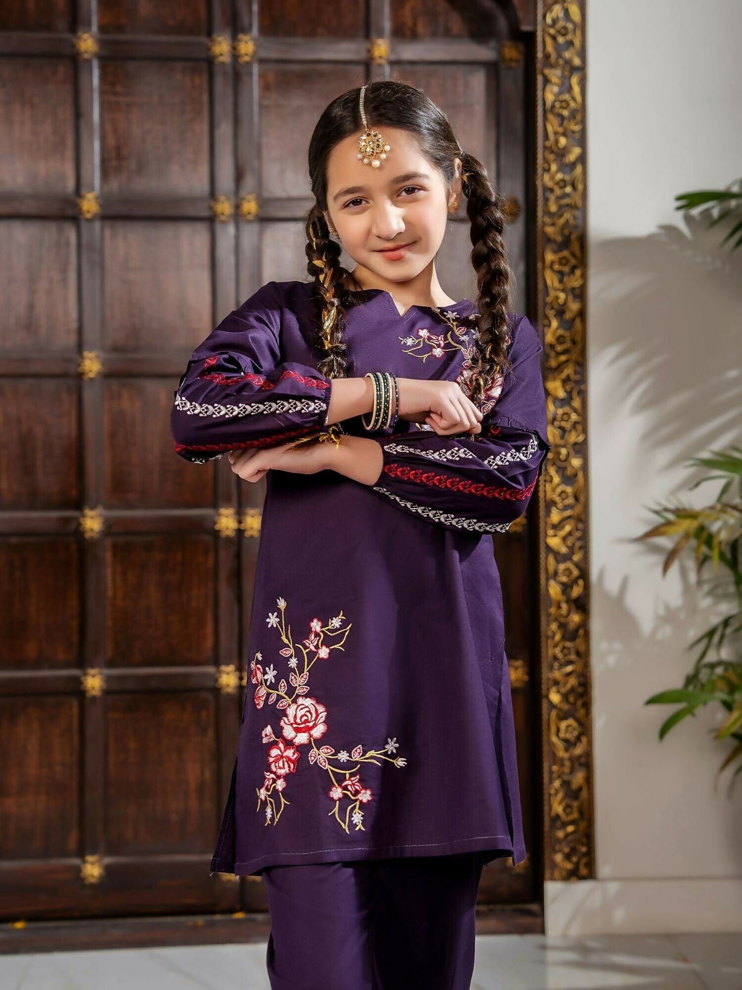 Velvour Girls Cotton Embroidered Stitched 2-Piece Suit-VG97-A