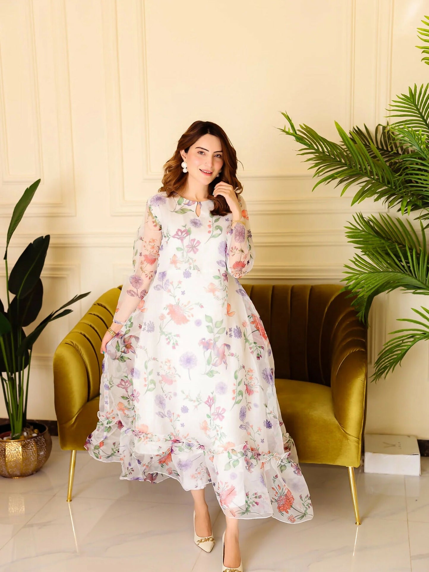 Panache Apparel Organza Printed Frock-Marigold