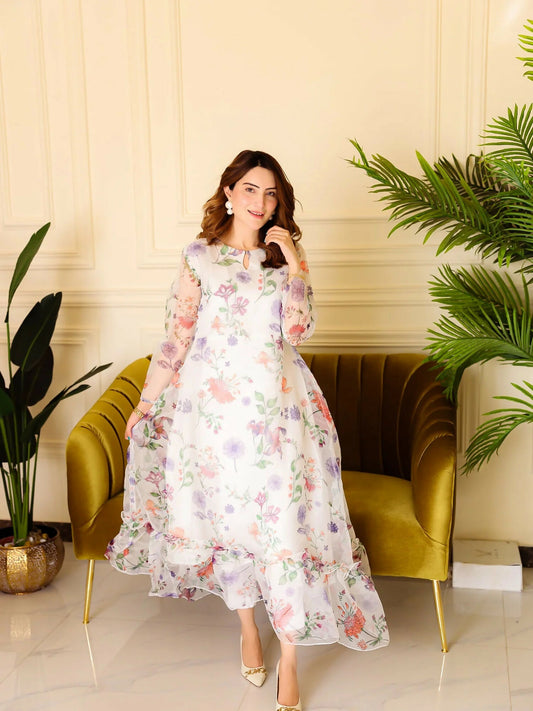 Panache Apparel Organza Printed Frock-Marigold