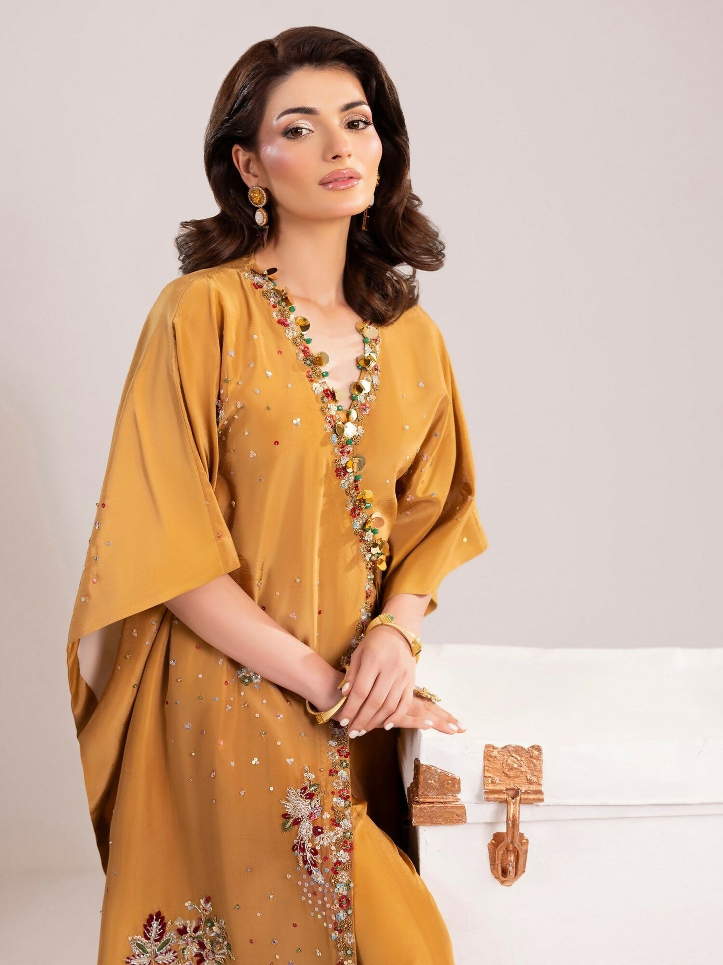 Shurooq Echoes In Bloom Silk Embellished Kaftan Set-Golden Mirage