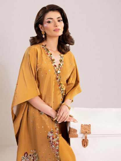 Shurooq Echoes In Bloom Silk Embellished Kaftan Set-Golden Mirage