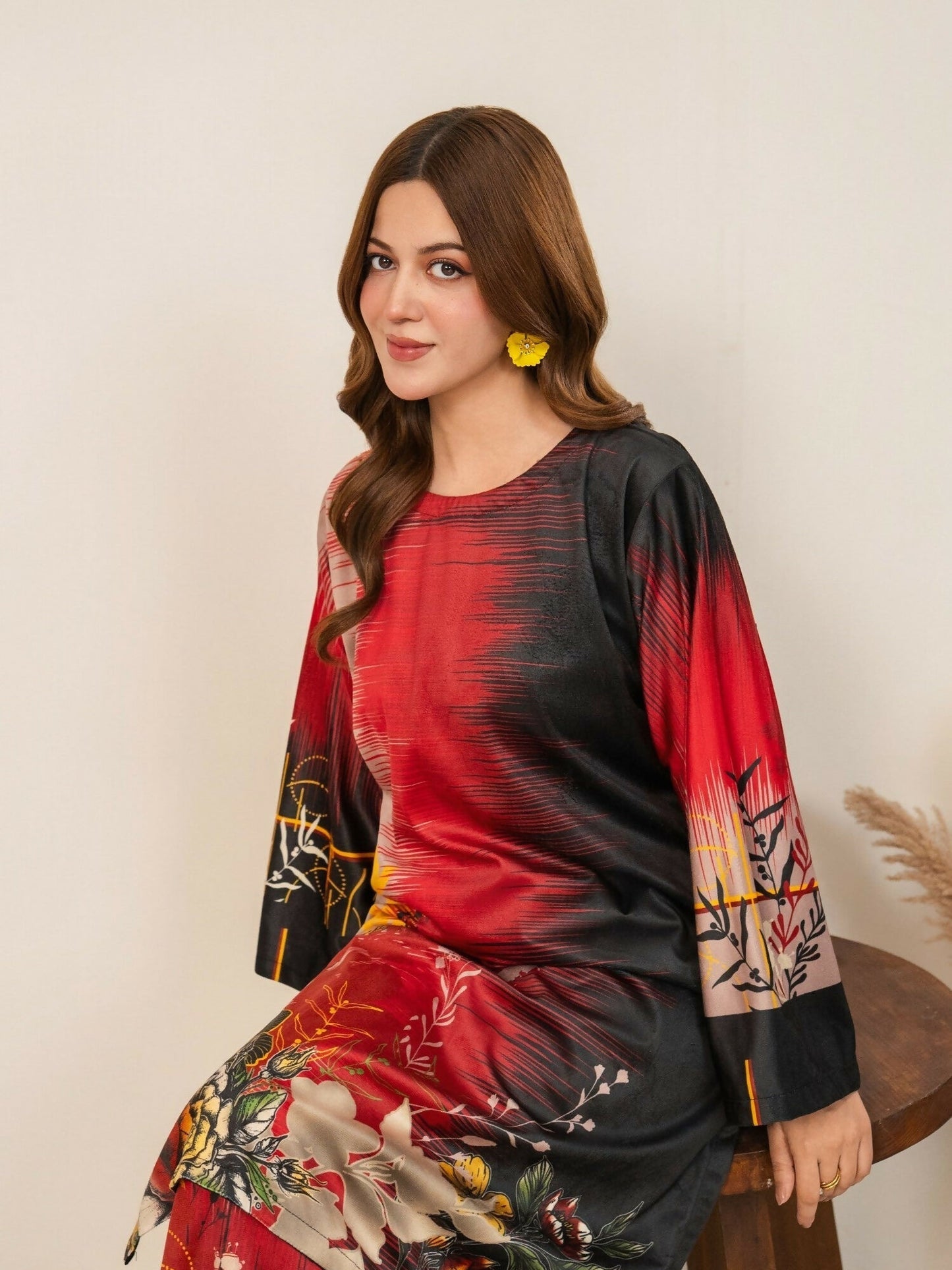 Stylish Collection Velvet Vogue Printed Co-Ord Set-Red Love