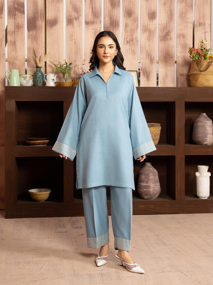 Panache Apparel Winter Core Linen Embroidered Stitched Suit-Bluff