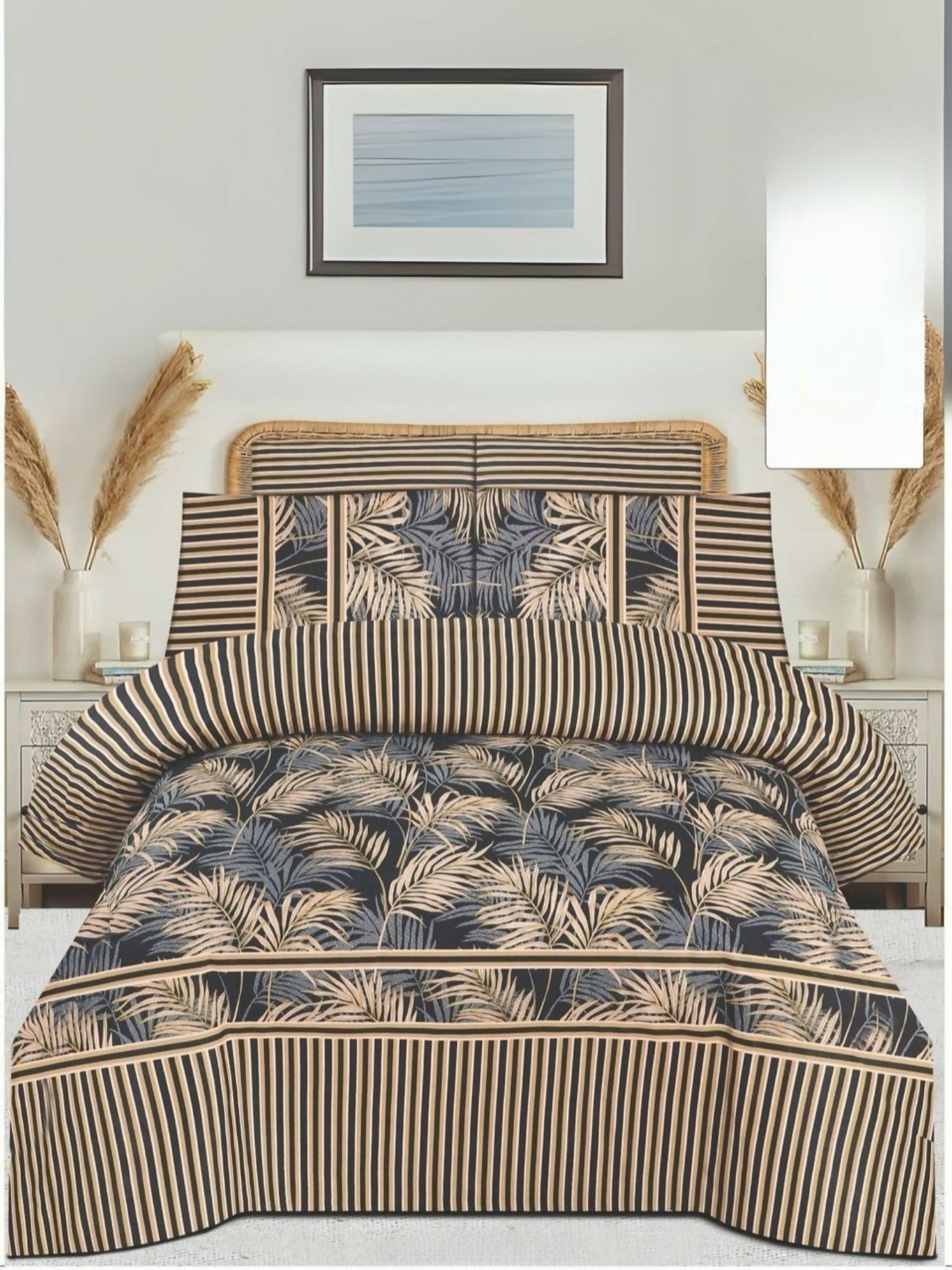 Danier 6pcs comforter set in beige and black with leaves design – includes comforter, bedsheet, and four pillow covers.