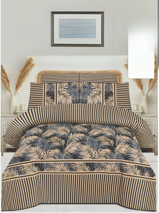 Danier 6pcs comforter set in beige and black with leaves design – includes comforter, bedsheet, and four pillow covers.