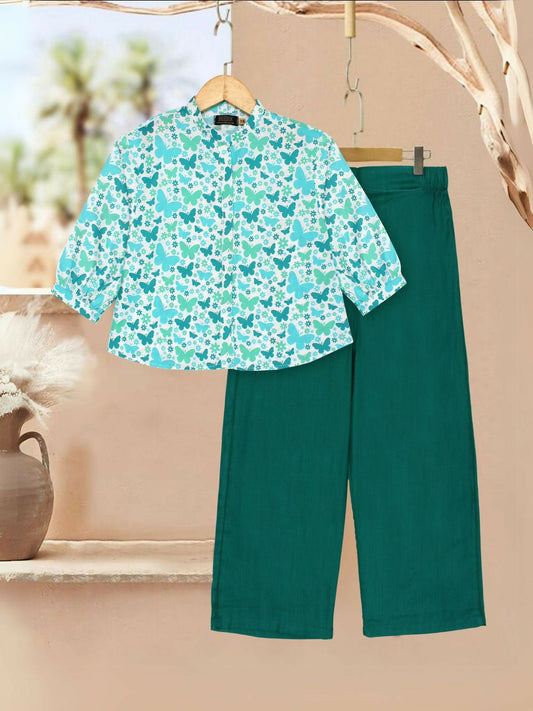 Green and Light Blue Velvour Girls Printed Co-ord Set-VG163-A