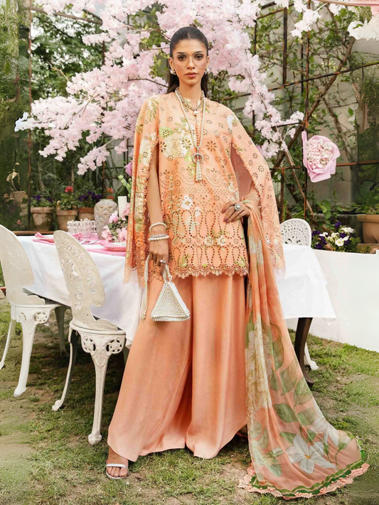 Maria.B printed embroidered lawn shirt with dyed cambric trousers and printed chiffon dupatta.
