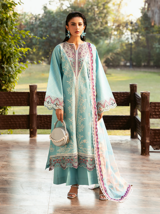 Three-piece embroidered lawn suit with borer embroidered panels, printed silk dupatta, and plain dyed cotton trouser.