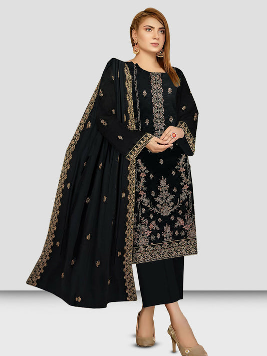 Unstitched 3-piece suit from the Lawn Bana Dora Collection with embroidered lawn shirt, embroidered bamber dupatta, and plain dyed cotton trouser.