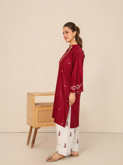 Stylish Collection Whisper Pret Linen Embroidered Stitched 2-Piece Suit-Claret