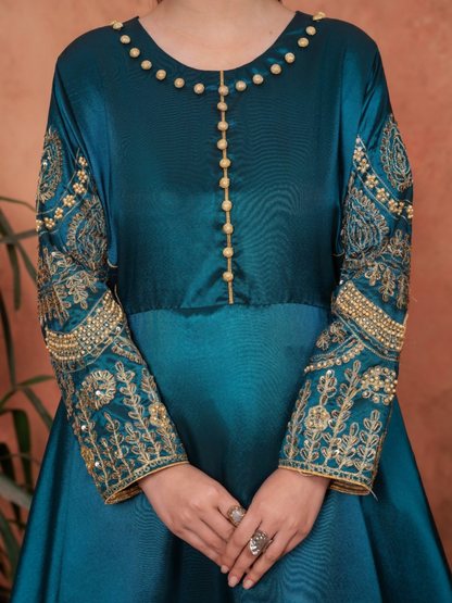 Stylish Collection Majeste Silk Embroidered Maxi-Zuri Teal