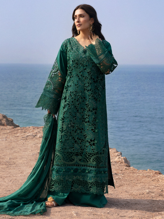 Unstitched 3-piece suit featuring embroidered lawn front and back, dyed sleeves, embroidered chiffon dupatta, dyed trouser with lining, and detailed borders.