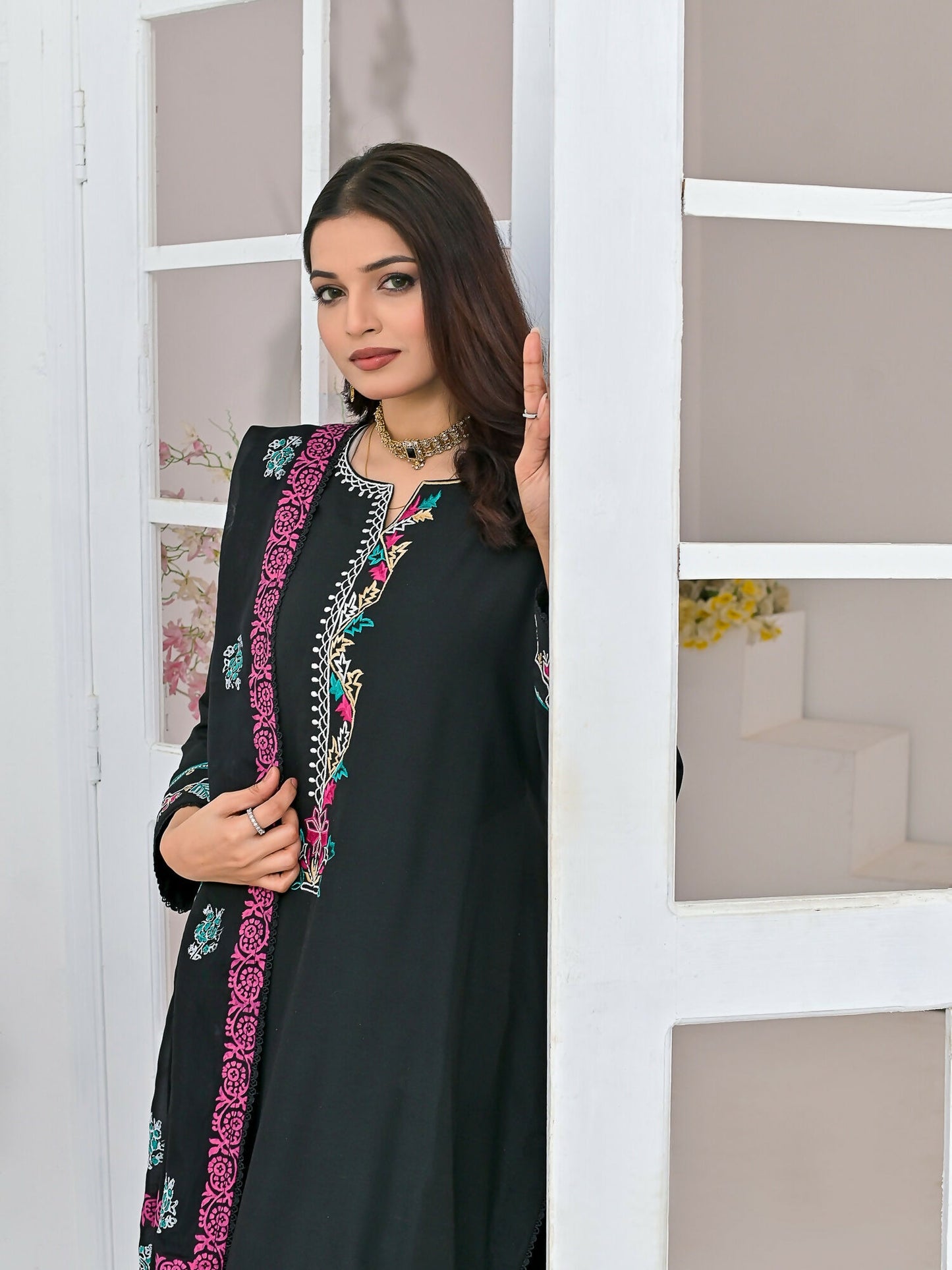 Ruby's Couture Chamak Dhamak Khadi Silk Embroidered Stitched 3-Piece Suit-Marvi