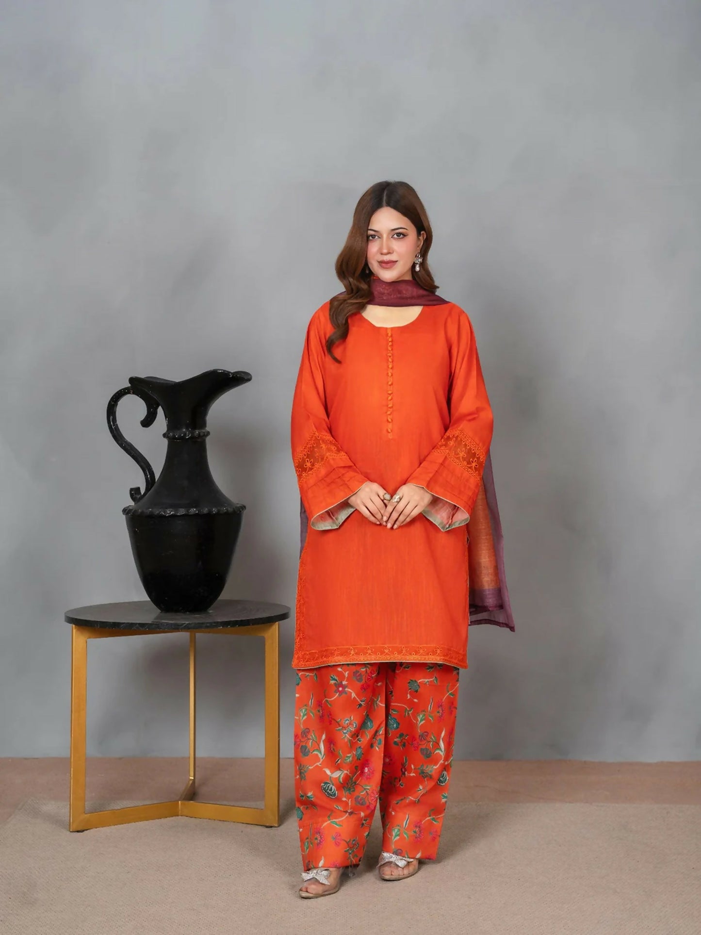 Stylish Collection Musk Raw Silk Printed Stitched 3-Piece Suit-Jahaan