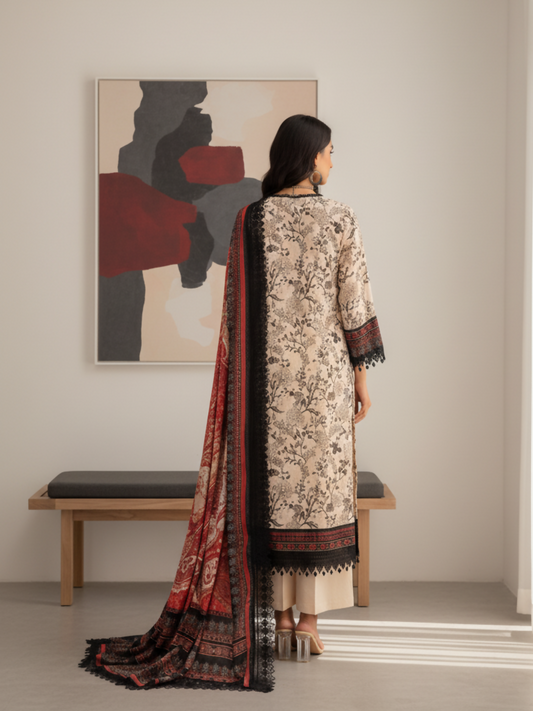 Mausummery Linen Printed Unstitched 3-Piece Suit-Friya