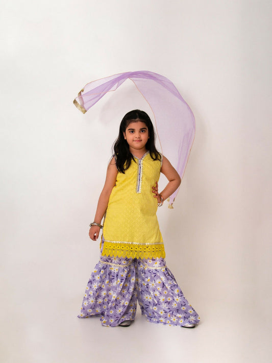 Kidoz Kloset Chikankari Embroidered Stitched 3-Piece Suit-Daisy Drizzle