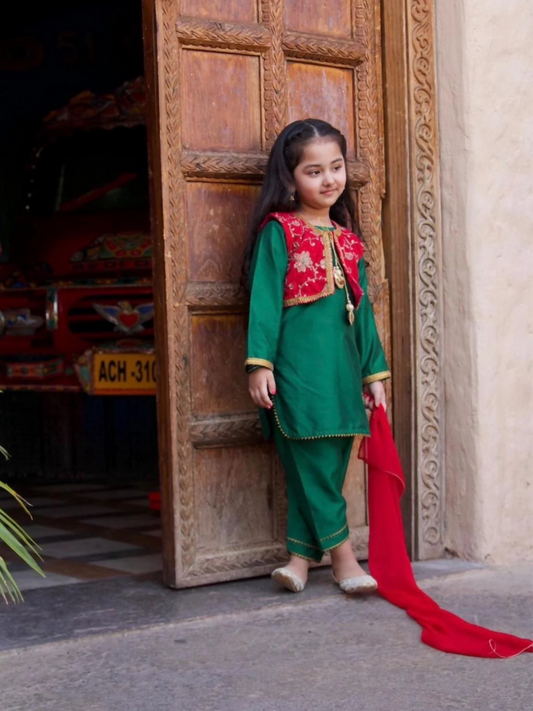 Kidoz Kloset Cotton Silk Embroidered Stitched 4-Piece Suit-Oriole