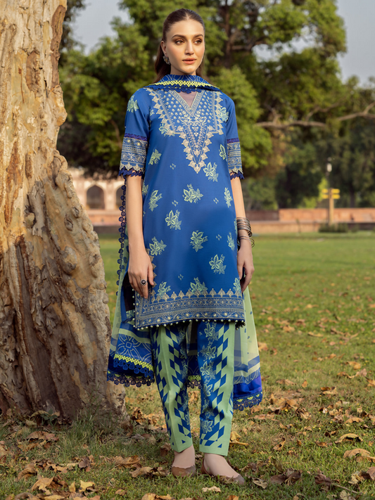 Three-piece digitally printed suit with embroidered neckline, daman motif, sleeve lace, chiffon dupatta, and printed trouser.