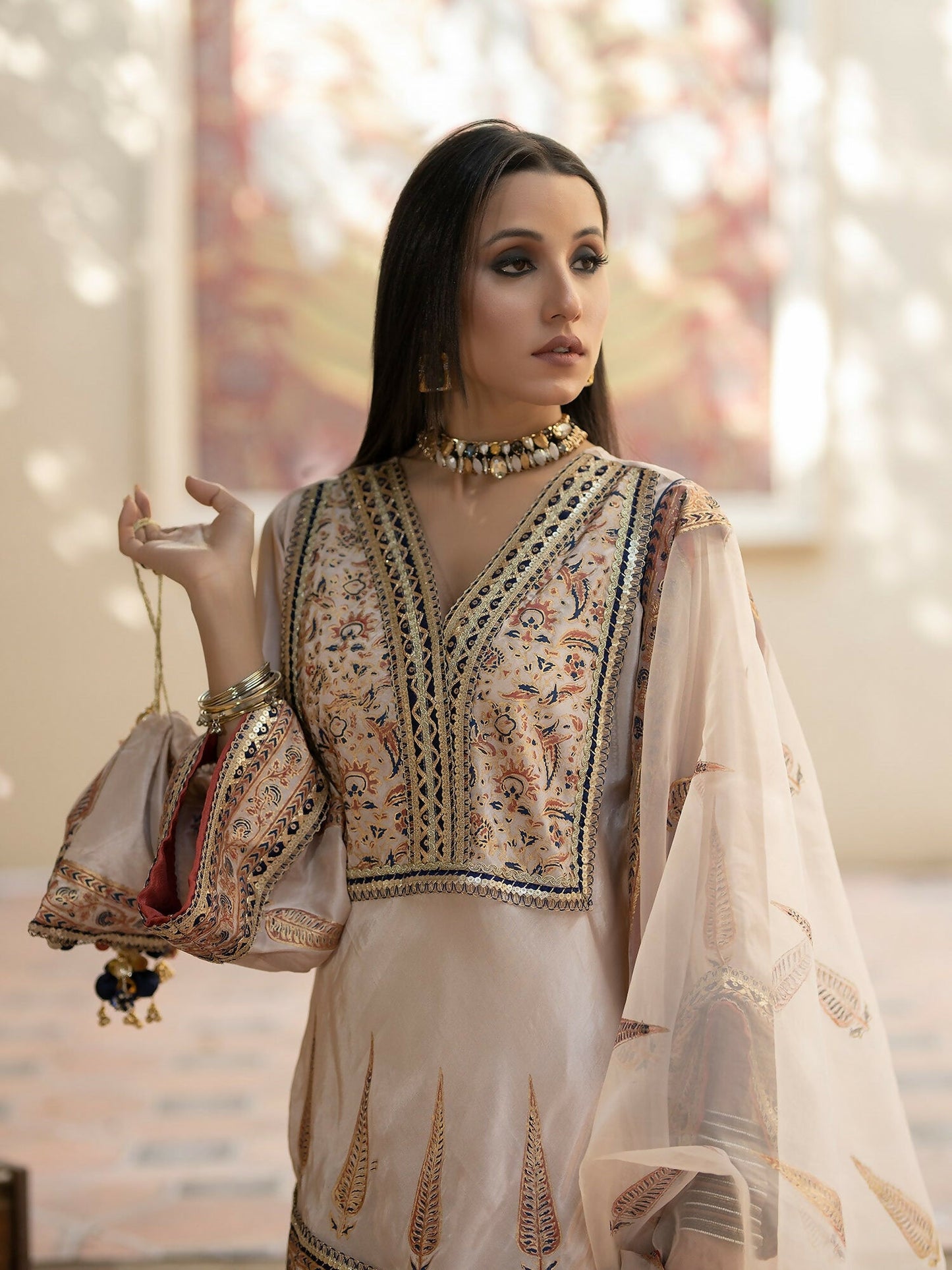 Shiza Hassan Chap Tilak Formals Pure Tusser Silk Embroidered Stitched 3-Piece Suit-Rosy Mist
