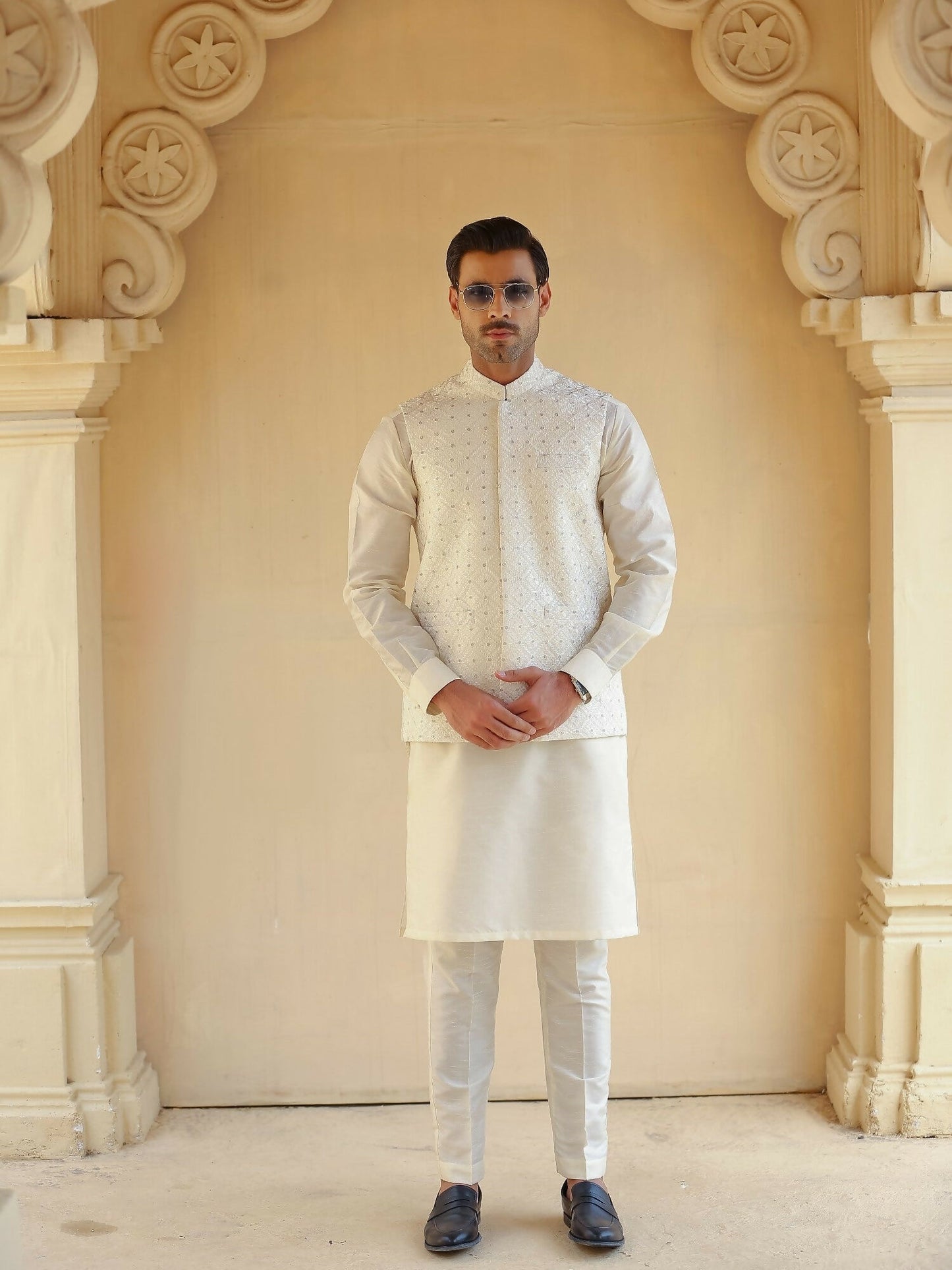 Gem Garments Afsanah Raw Silk Embroidered Waistcoat-Munzir