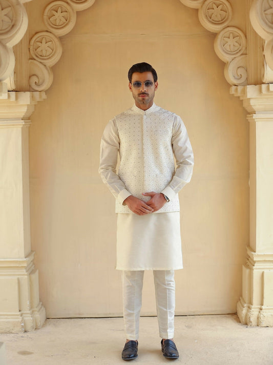 Gem Garments Afsanah Raw Silk Embroidered Waistcoat-Munzir