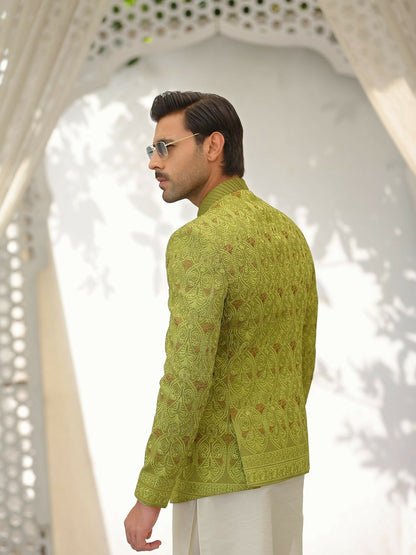 Gem Garments Afsanah Raw Silk Embroidered Prince Coat-Khadim