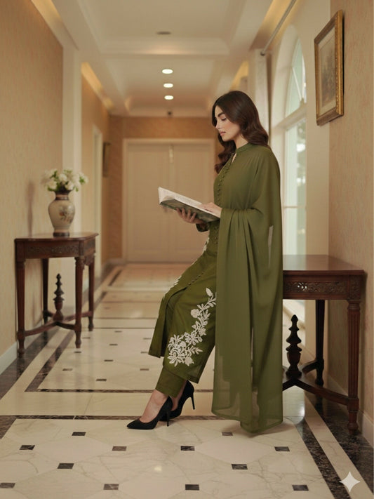 Zeephire Linen Embroidered Stitched 3-Piece Suit-Nia