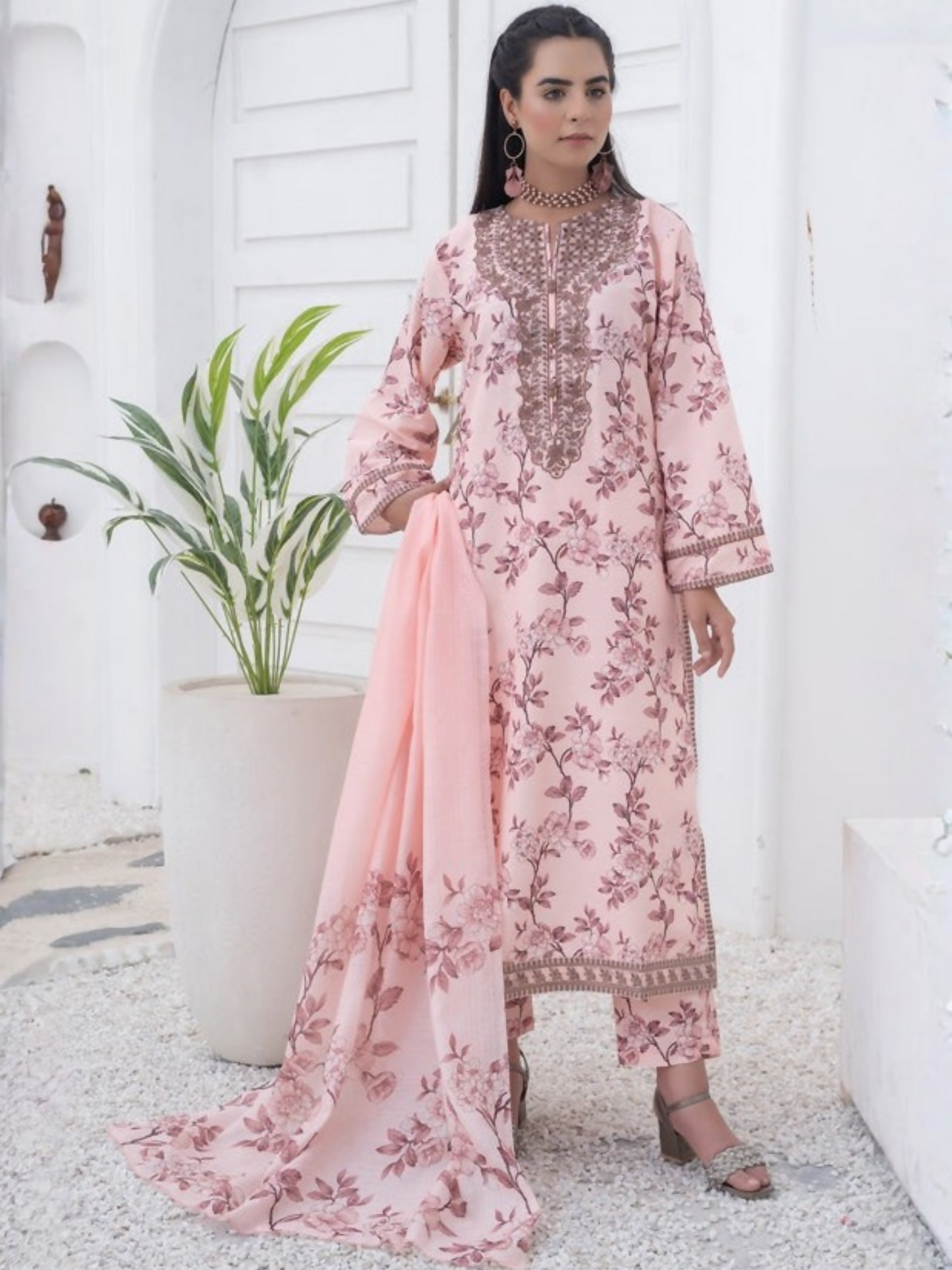 MH Cloth House Khaddi Net Embroidered Stitched 3-Piece Suit-Floral Poise