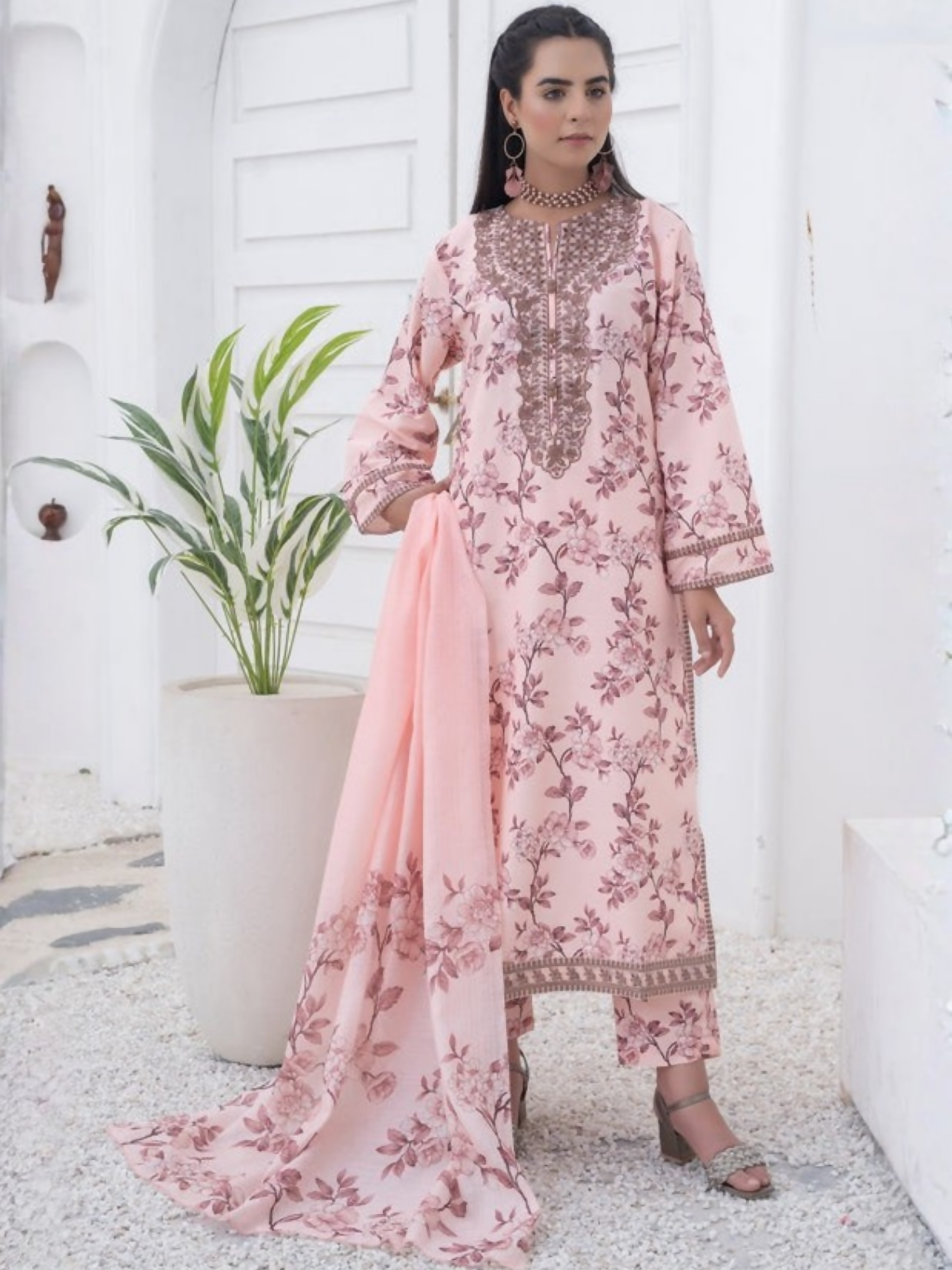 MH Cloth House Khaddi Net Embroidered Stitched 3-Piece Suit-Floral Poise