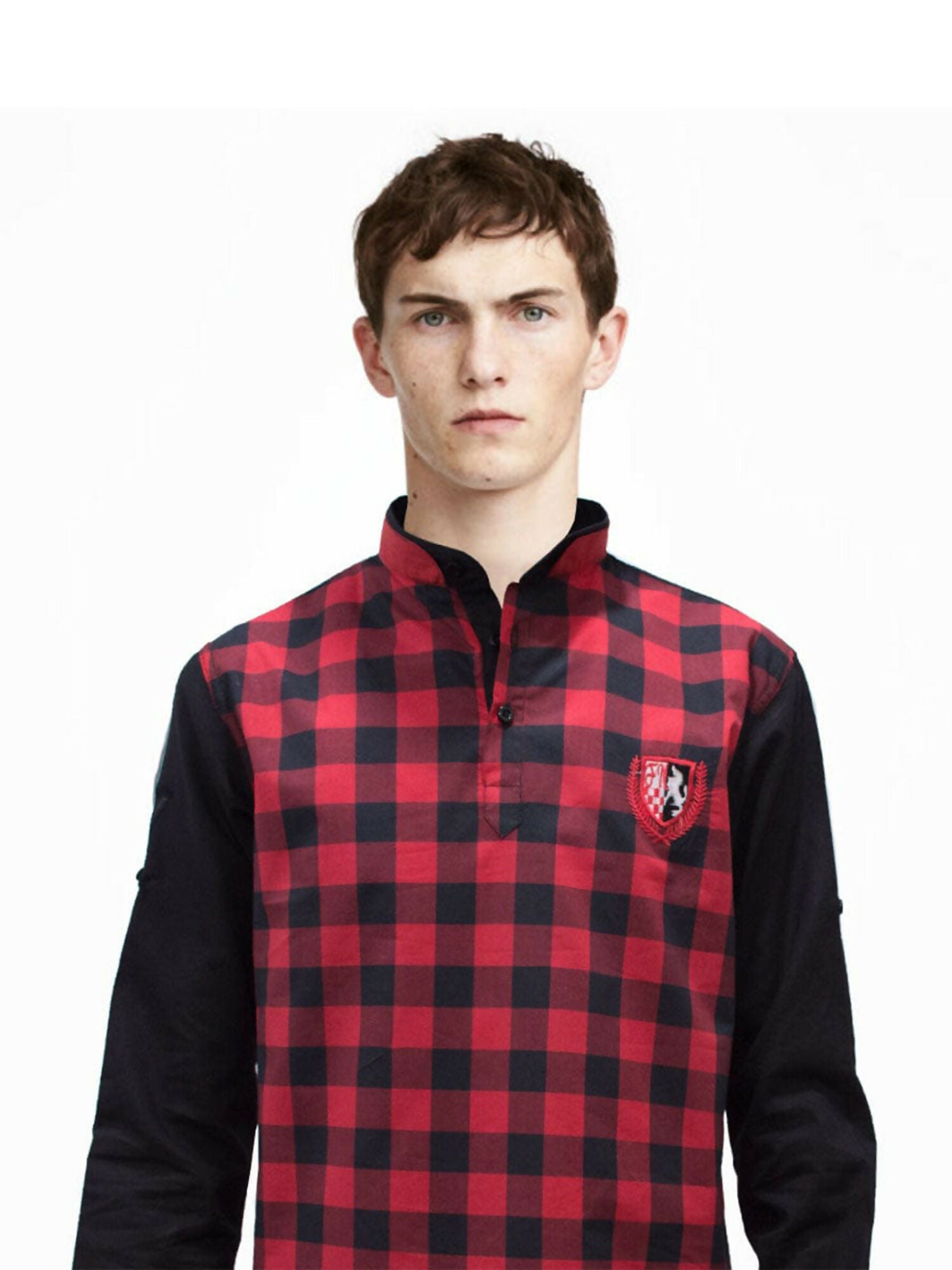 Men's premium cotton shirt with Mao collar, embroidered logo, and Italian cut cuffs, available in two colors.