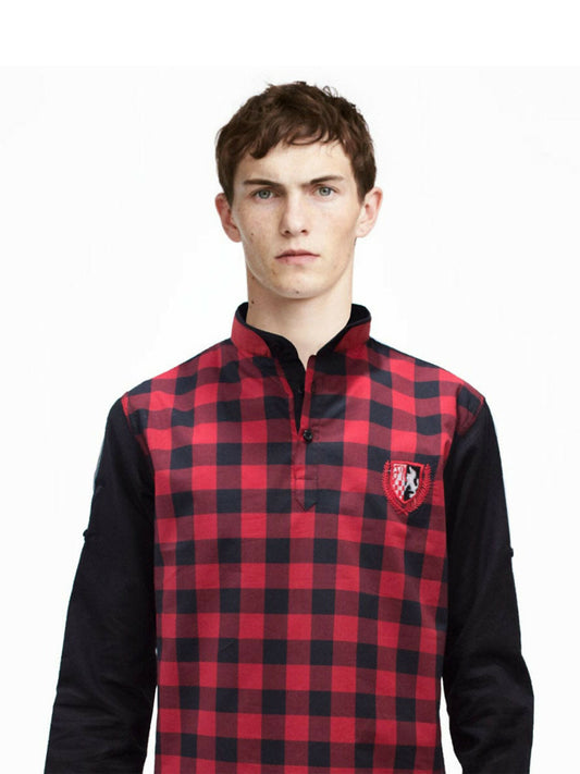 Men's premium cotton shirt with Mao collar, embroidered logo, and Italian cut cuffs, available in two colors.