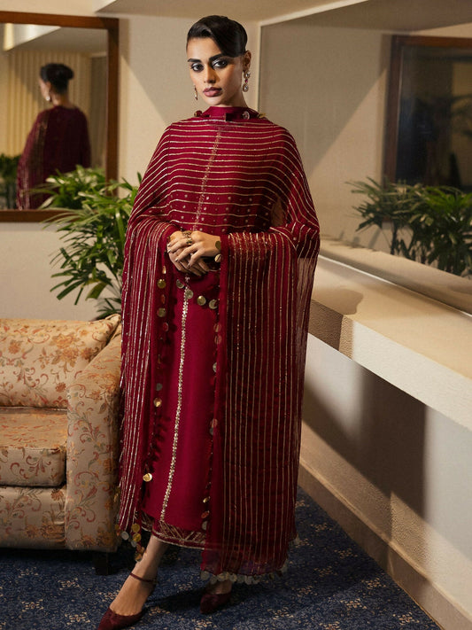 Burgundy Hussain Rehar BASIC NOT BASIC V Raw Silk Embroidered Stitched 3-Peice-Mulbery