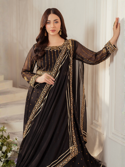 Panache Apparel Chiffon Embroidered Stitched 3-Piece Suit-Nightfall