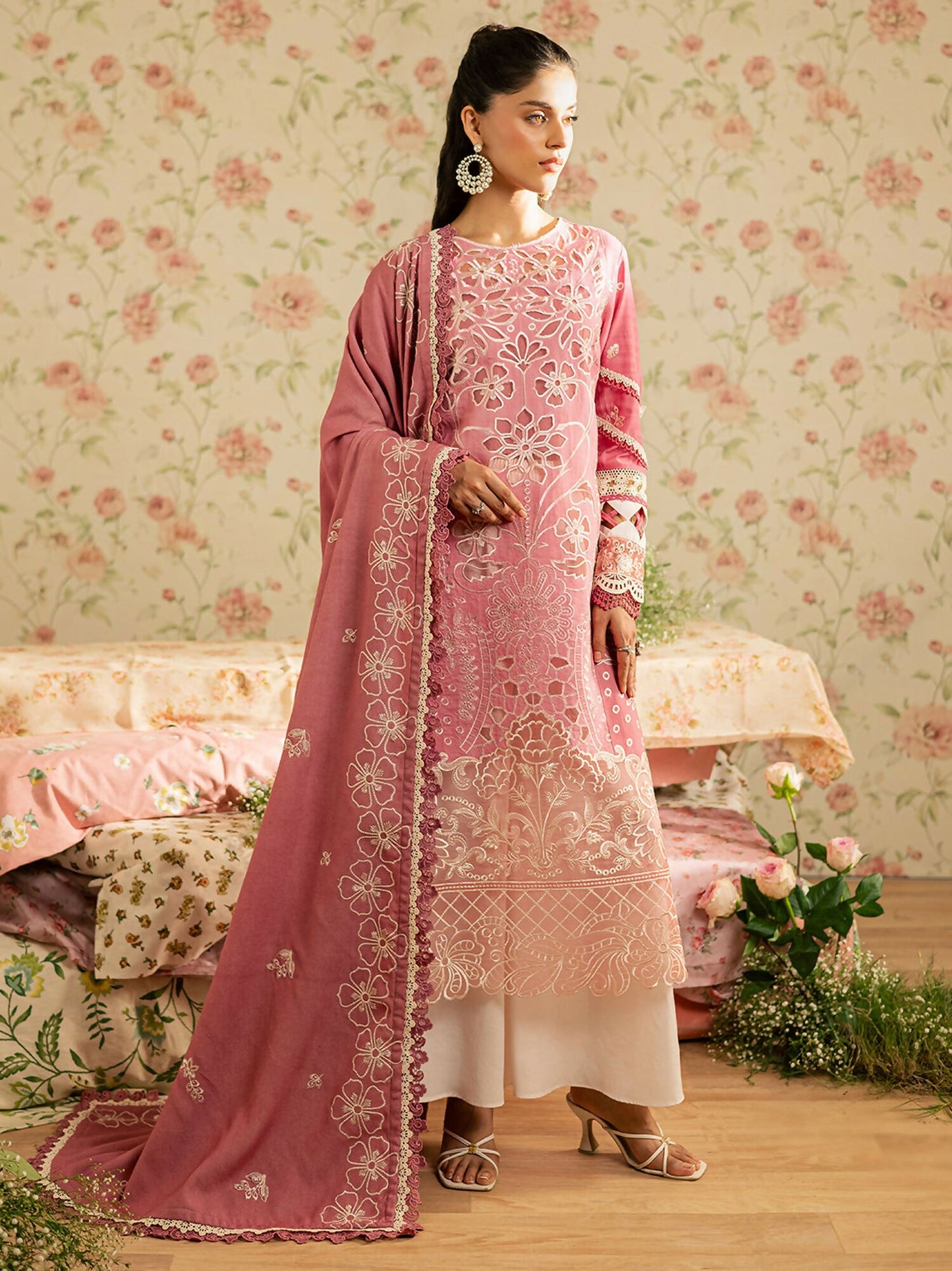 Mahnur Kaia Slub Linen Embroidered Stitched 3-Piece Suit-K- 13