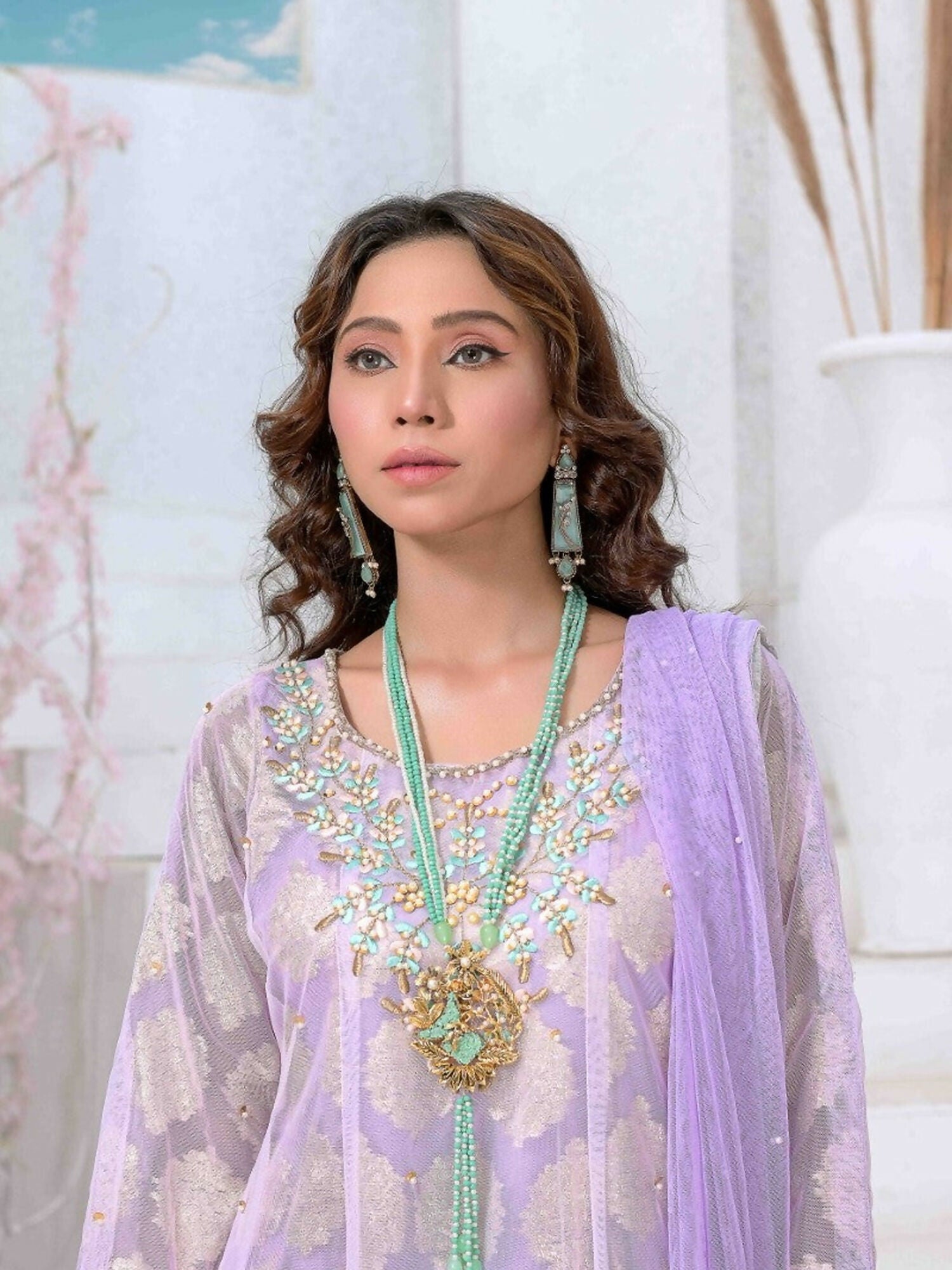 Ruby's Couture Ashiyana Net & Jacquard Embroidered Stitched 3-Piece Suit-Annika