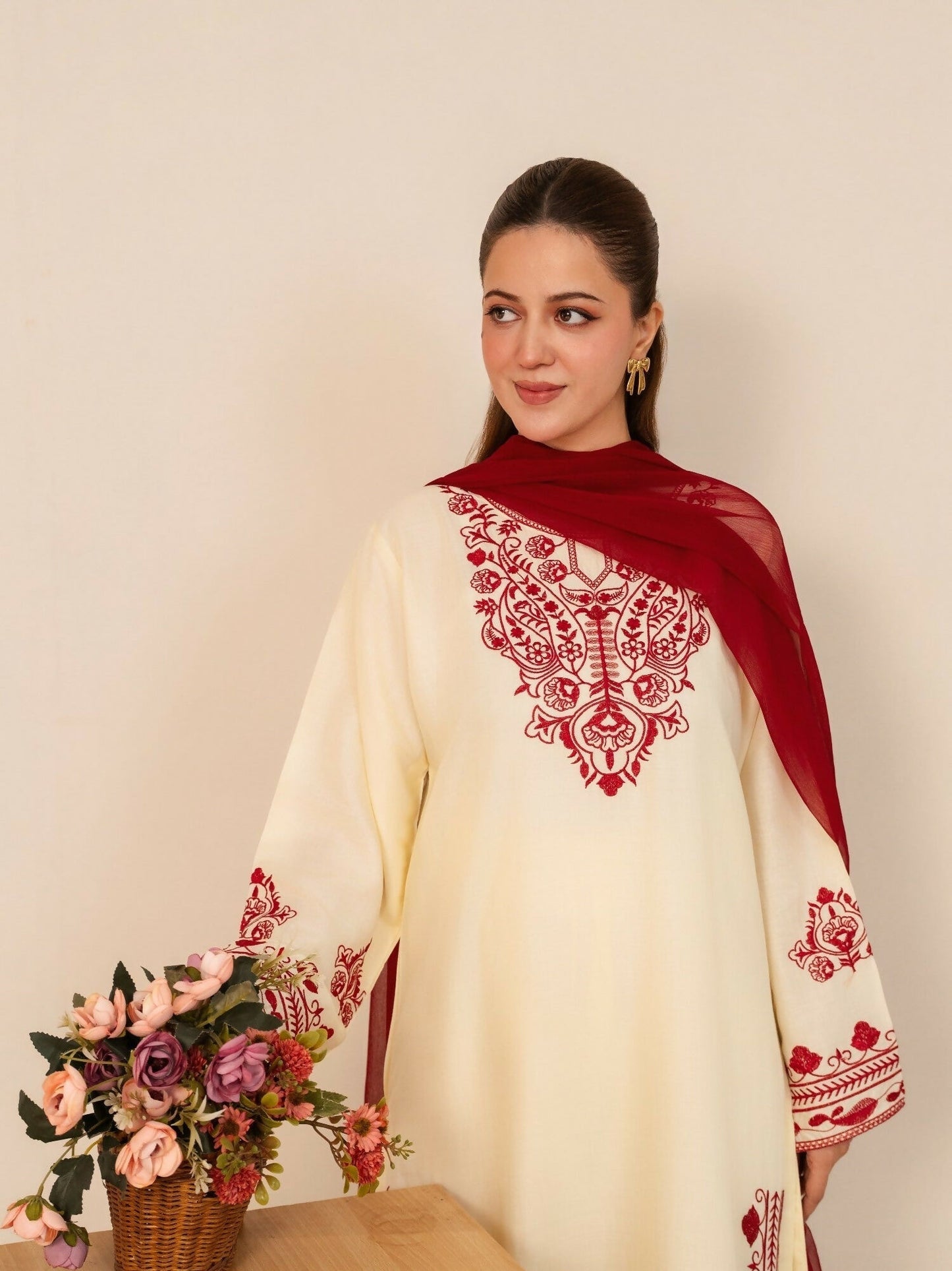 Stylish Collection Whisper Pret Linen Embroidered Stitched 3-Piece Suit-Laal Bahar