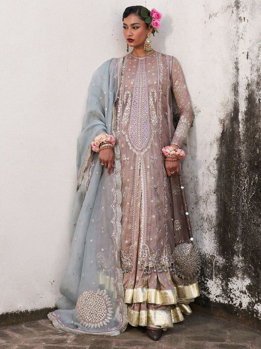 Mouse Grey Hussain Rehar Luxury Organza Embroidered Unstitched 3-Piece Suit-Ziniya