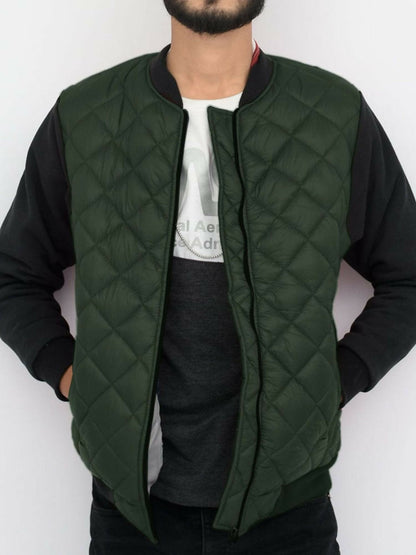 Jupiter puffer bomber jacket with fleece sleeves, ribbed cuffs and bottom, block stitch padding, front zip closure, and multiple pockets. Made with polyester body and cotton-polyester blend sleeves for warmth and comfort