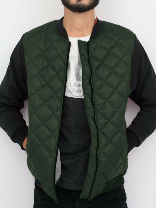 Jupiter puffer bomber jacket with fleece sleeves, ribbed cuffs and bottom, block stitch padding, front zip closure, and multiple pockets. Made with polyester body and cotton-polyester blend sleeves for warmth and comfort