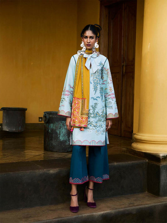 Stitched 2-piece suit by Jugnu by Hussain Rehar with cotton embroidered short shirt, embroidered culottes, and optional multicolor embroidered scarf with tassels.