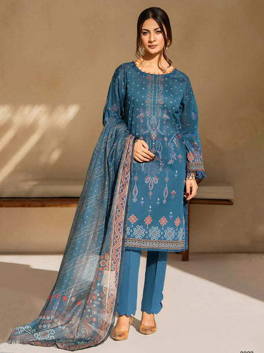 Unstitched 3-piece suit featuring lime green digital printed slub lawn shirt with black floral and trellis designs and pink accents, matching lime fancy fabric dupatta with botanical borders, and plain lawn trouser.