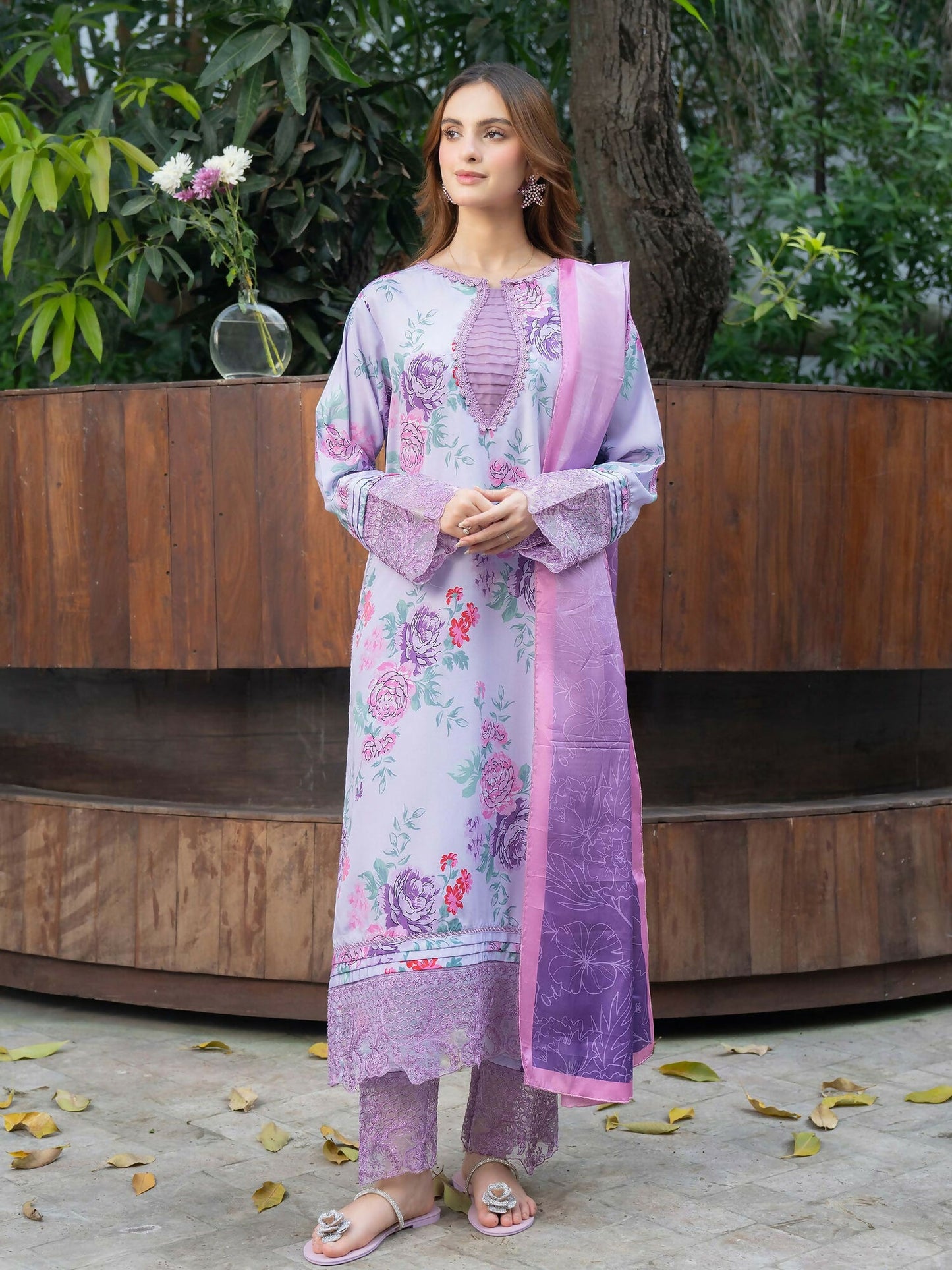 Panache Apparel Raw Silk Embroidered Stitched Suit-Lavender Bloom