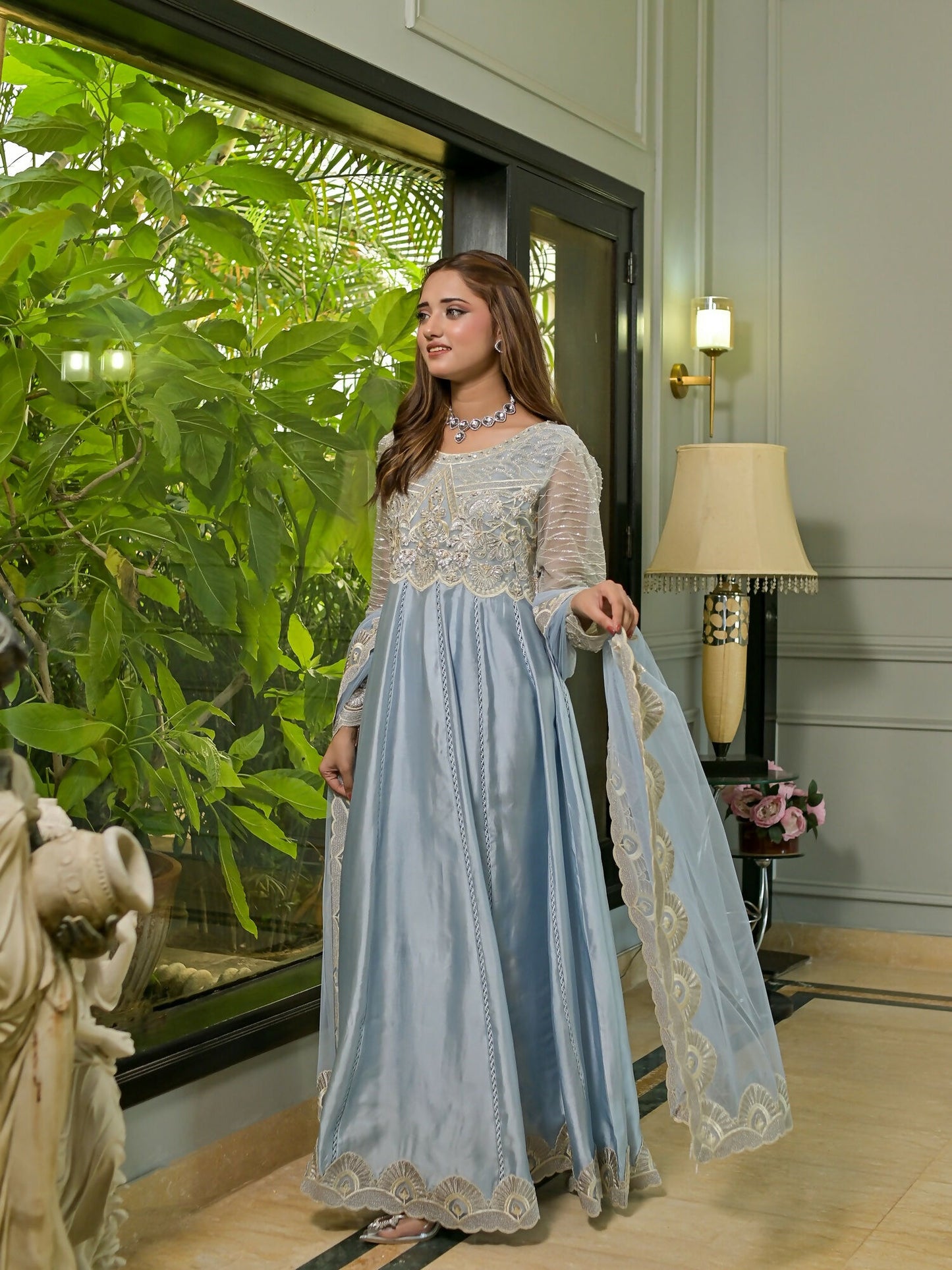 Farooq Hameed Studio Glass Silk Embroidered Stitched 3-Piece Suit-Izzah